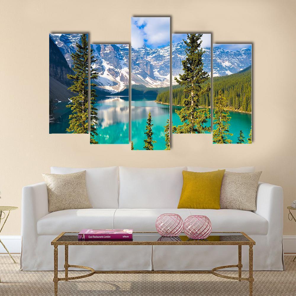 Moraine Lake In Rocky Mountains Canvas Wall Art-5 Pop-Gallery Wrap-47" x 32"-Tiaracle