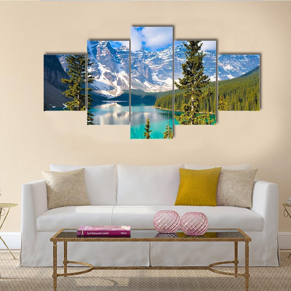 Moraine Lake In Rocky Mountains Canvas Wall Art-5 Star-Gallery Wrap-62" x 32"-Tiaracle