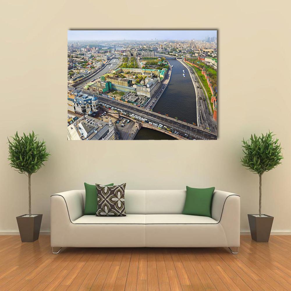 Moscow Aerial View with Kremlin and River Canvas Wall Art in gray, green and blue, single panel hung on a wall