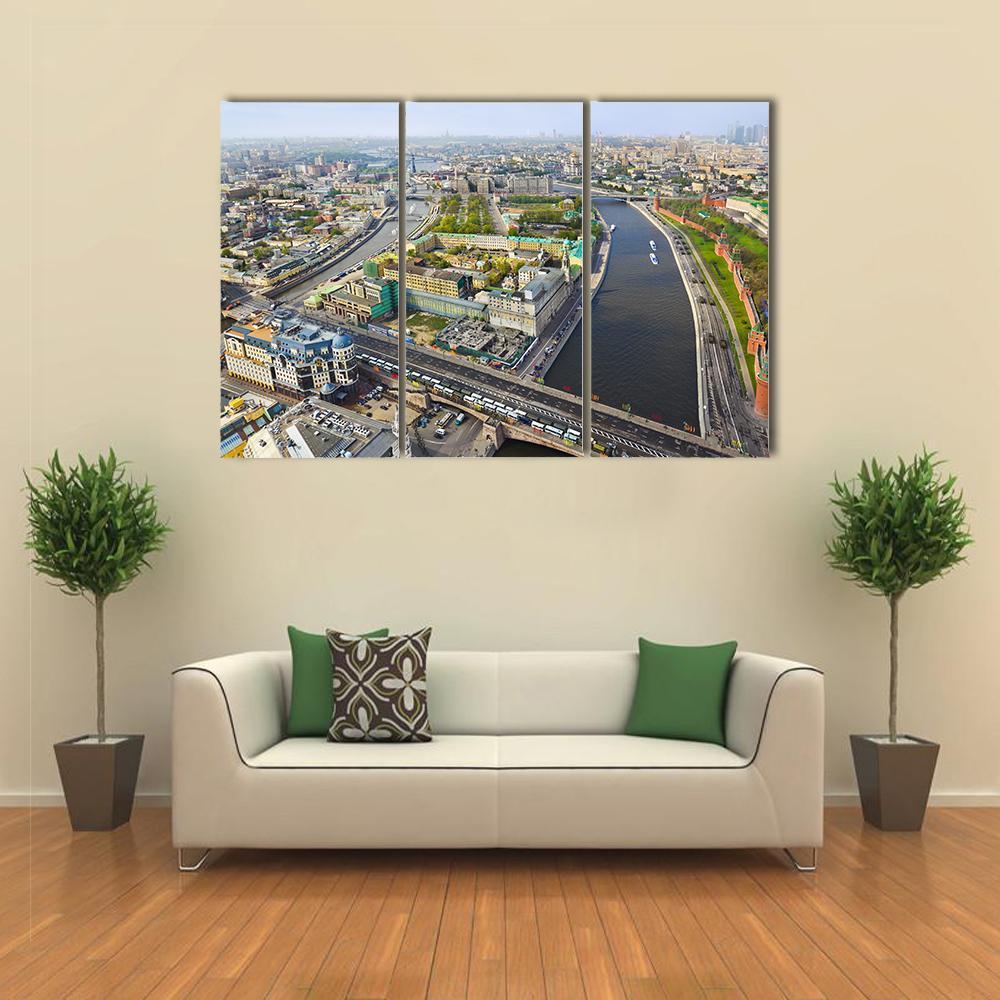 Moscow Aerial City View Canvas Wall Art in gray, green and blue, 3 panel horizontal set hung on a wall