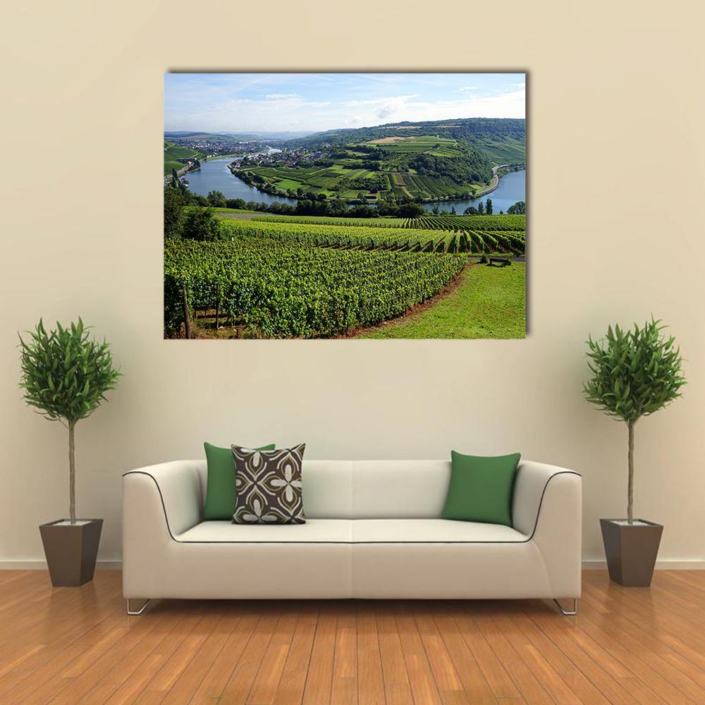 Mosell Valley Vineyard View Canvas Wall Art in green and blue, single panel hung on a wall
