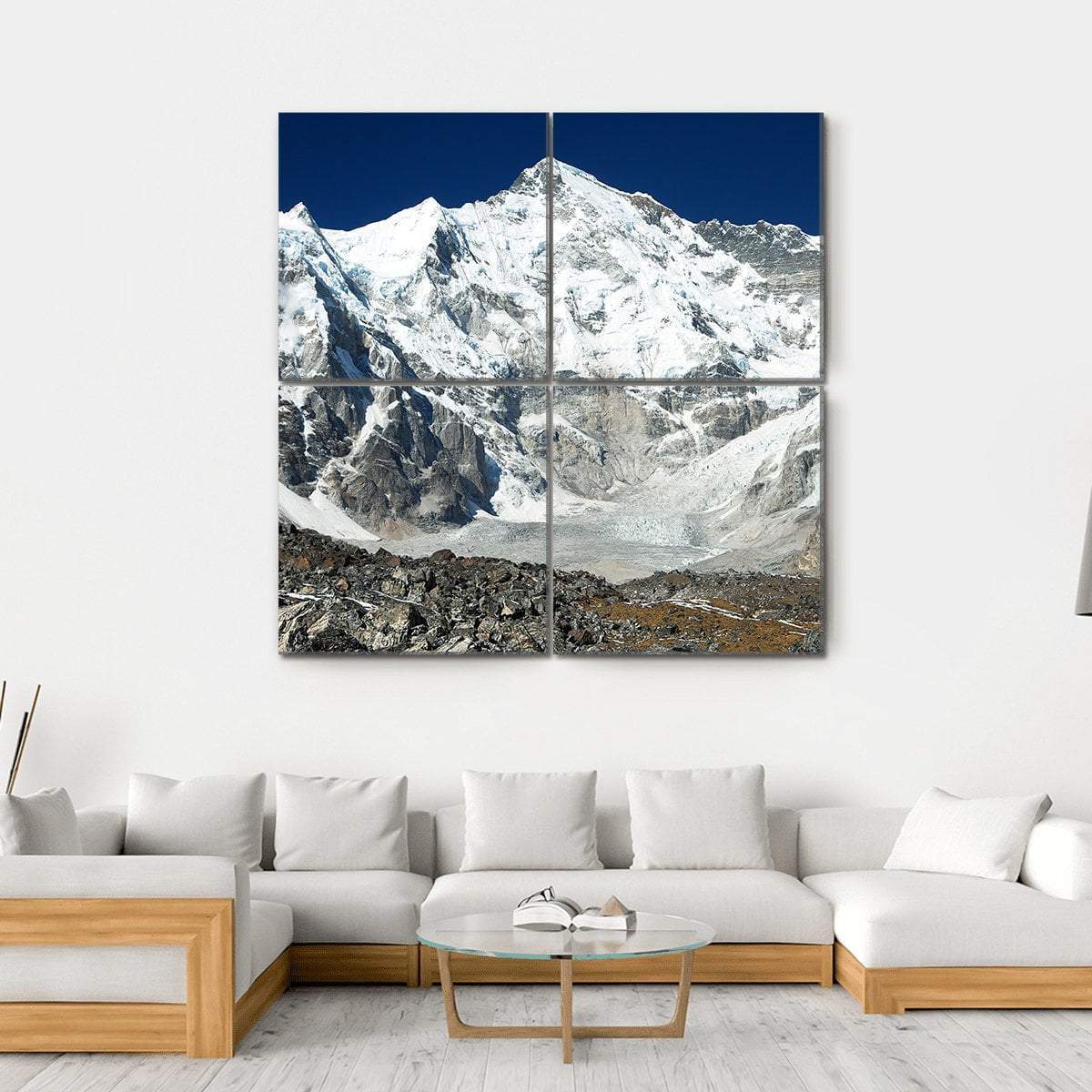 Mount Cho Oyu in Khumbu Valley Canvas Wall Art in white, gray and blue, hung on a wall