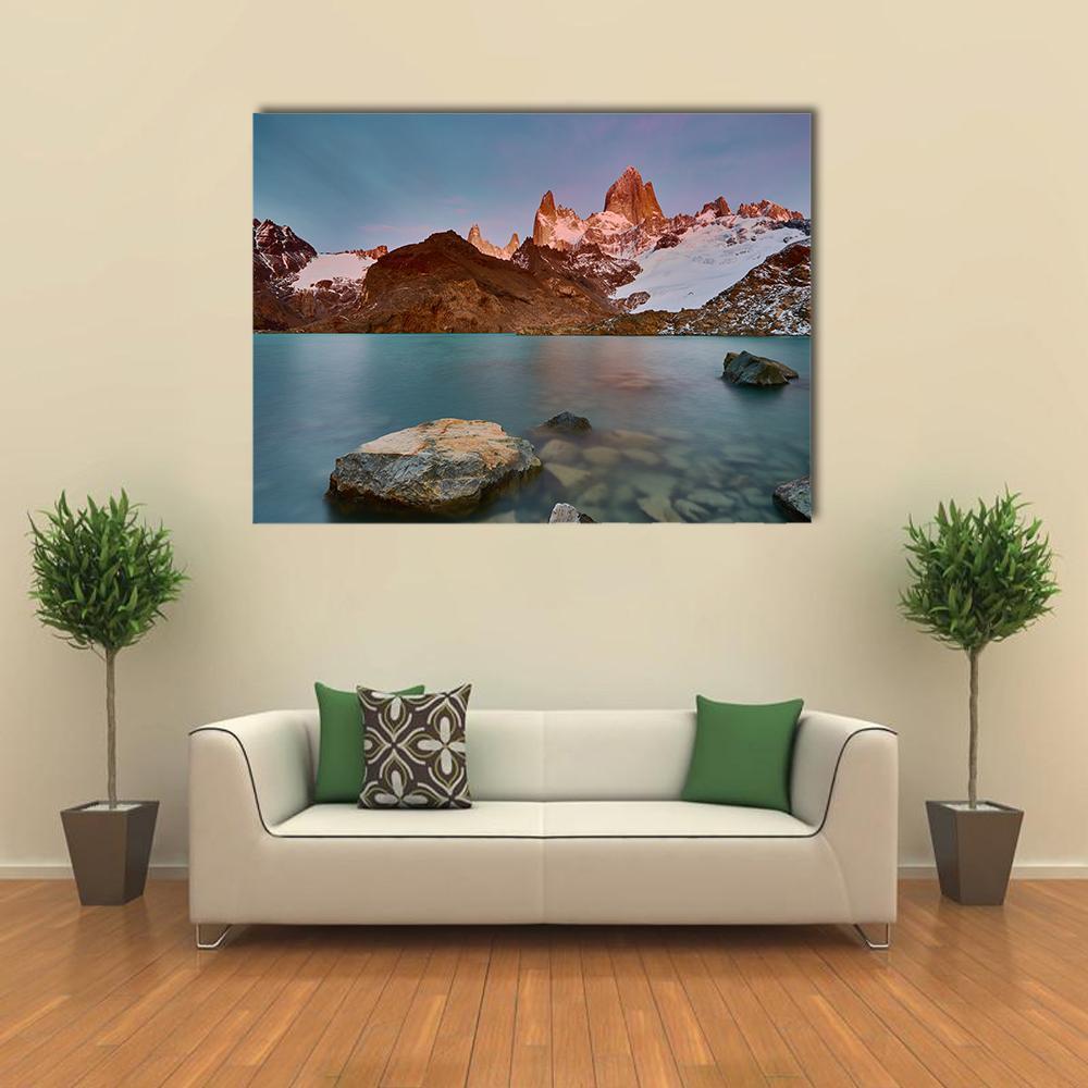 Mount Fitzroy at Sunrise Canvas Wall Art in brown, orange and blue, single panel hung on a wall
