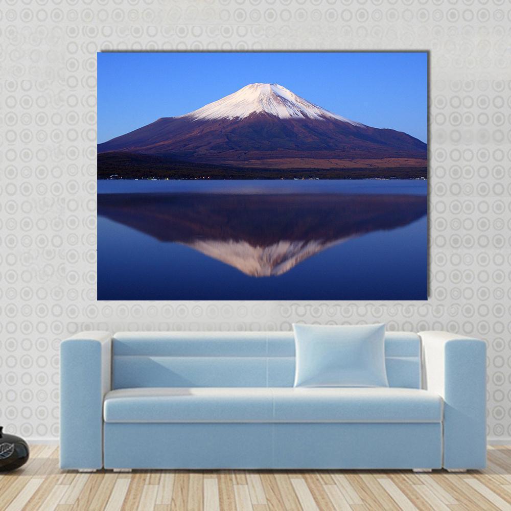 Mount Fuji Reflection in Tranquil Lake Canvas Wall Art in white, brown and blue, single panel hung on a wall