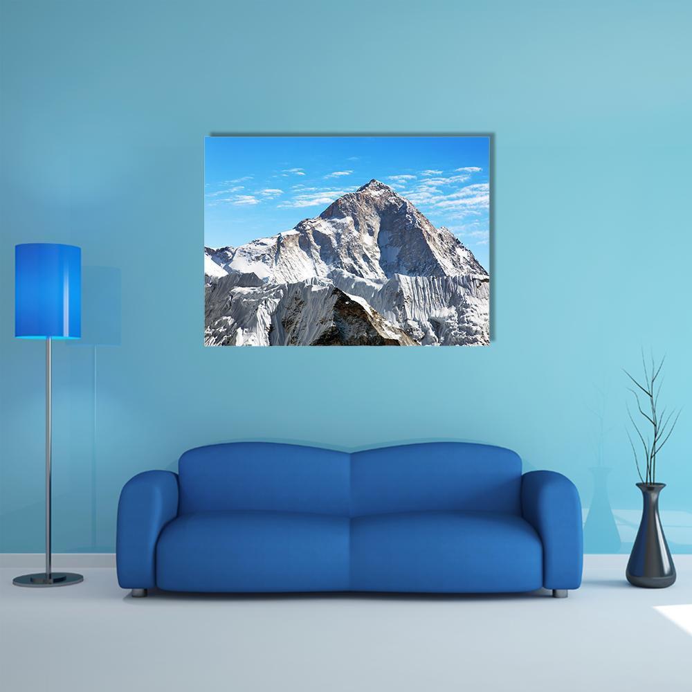 View of Mount Makalu Canvas Wall Art in white, gray and blue, single panel hung on a wall