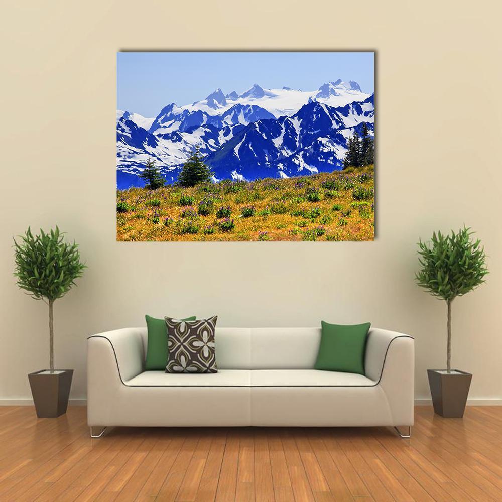 View of Mount Olympus Canvas Wall Art in white, yellow and blue, single panel hung on a wall