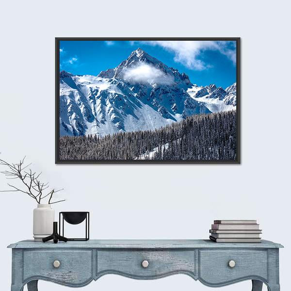 View of Mount Sneffels Canvas Wall Art in white, gray and blue, framed canvas, product view on a white background