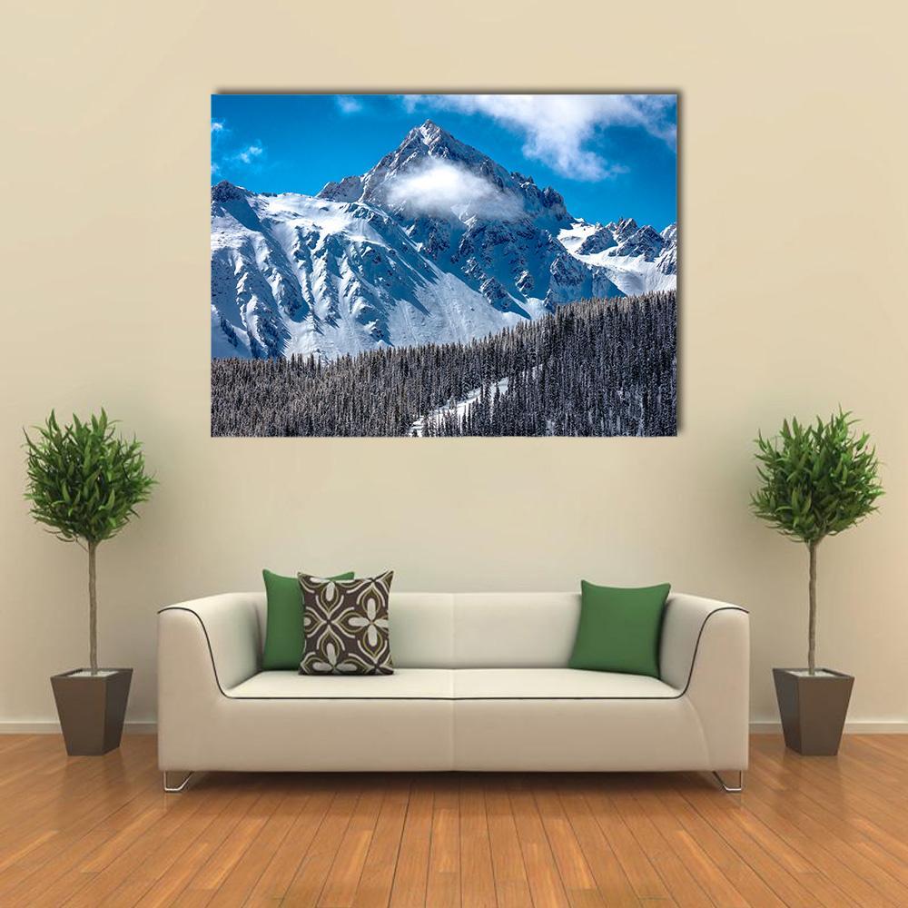 View of Mount Sneffels Canvas Wall Art in white, gray and blue, single panel hung on a wall