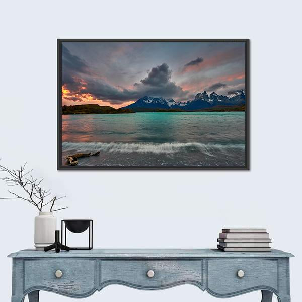 View Of Mountain Of Cuernos Del Paine Canvas Wall Art-1 Piece-Floating Frame-24" x 16"-Tiaracle