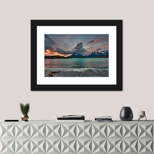View Of Mountain Of Cuernos Del Paine Canvas Wall Art-1 Piece-Framed Print-20" x 16"-Tiaracle