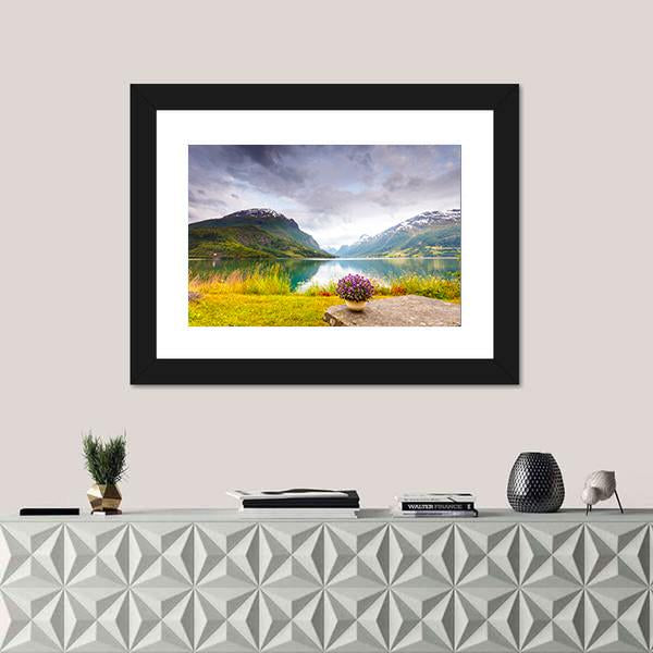 View Of Mountains Landscape Canvas Wall Art-1 Piece-Framed Print-20" x 16"-Tiaracle