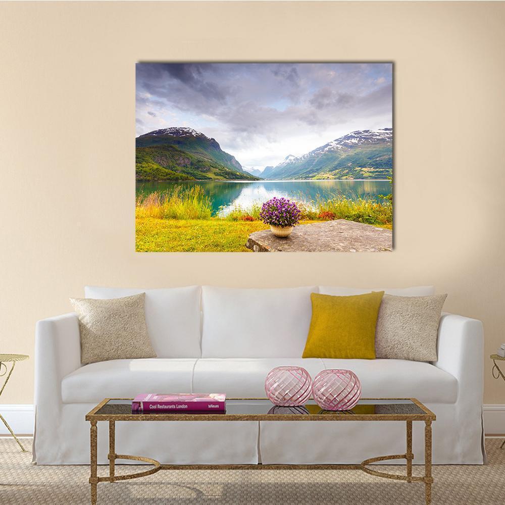 View Of Mountains Landscape Canvas Wall Art-1 Piece-Gallery Wrap-48" x 32"-Tiaracle