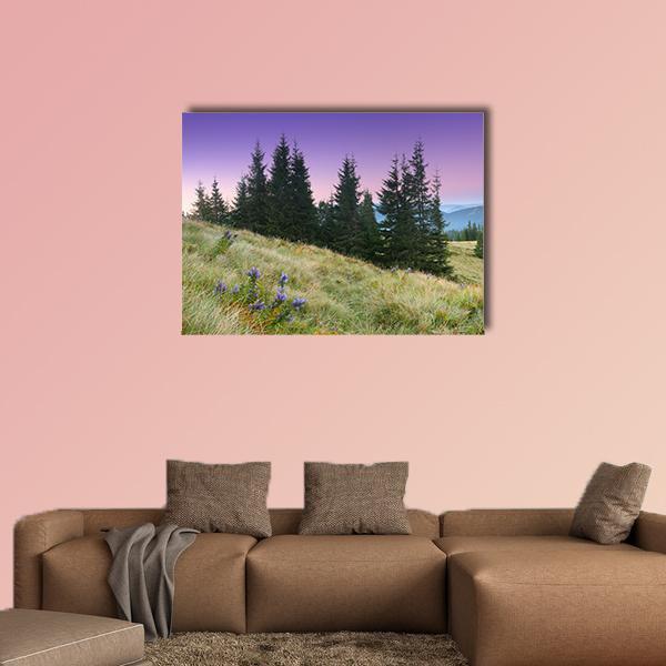 Mountain Landscape with Purple Wildflowers Canvas Wall Art in green, purple and pink, single panel hung on a wall