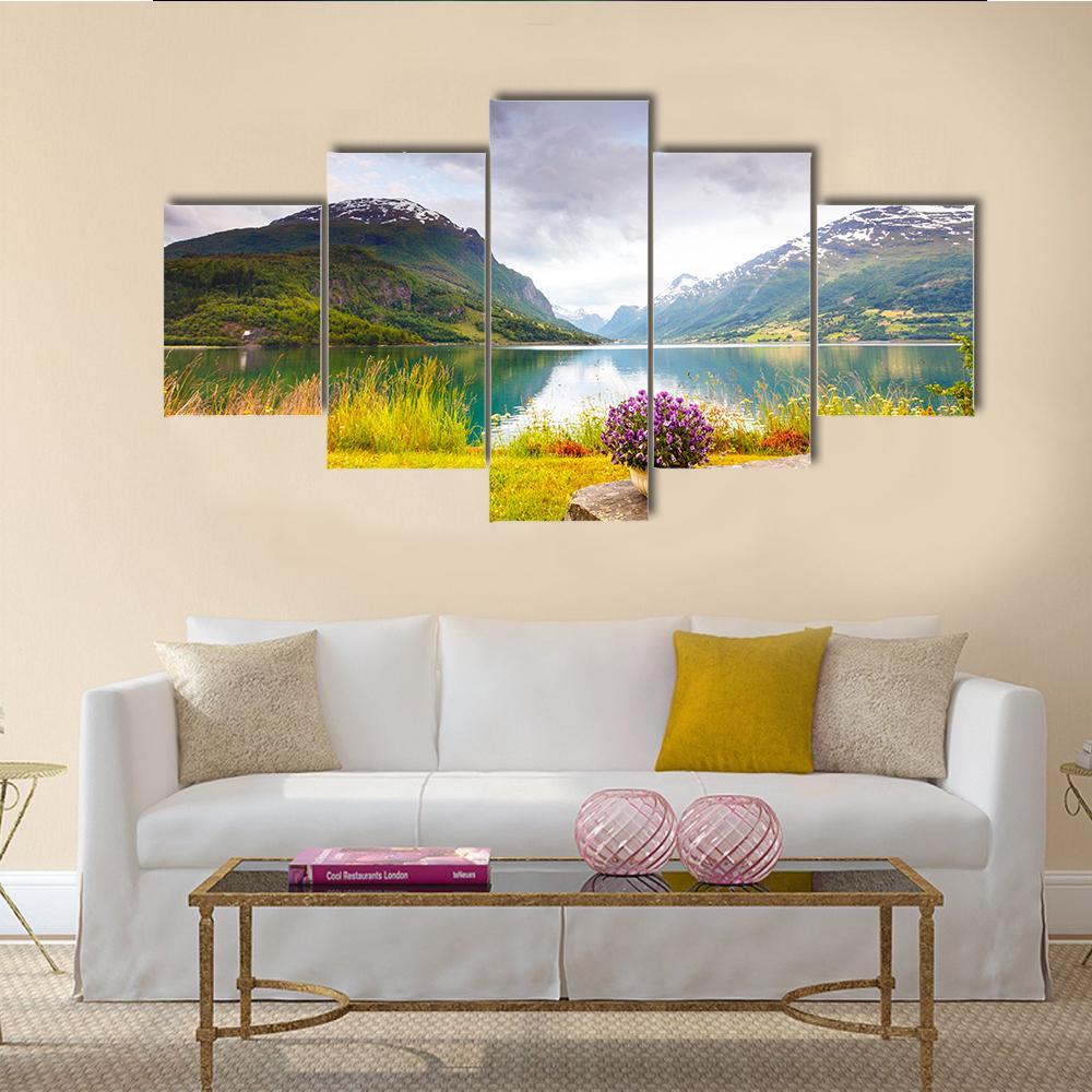 View Of Mountains Landscape Canvas Wall Art-5 Star-Gallery Wrap-62" x 32"-Tiaracle