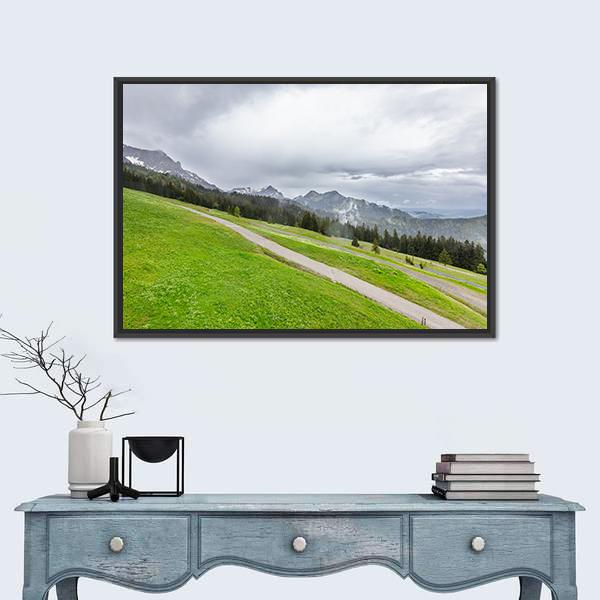 View Of Mountains With Fields And Forest Canvas Wall Art-1 Piece-Floating Frame-24" x 16"-Tiaracle