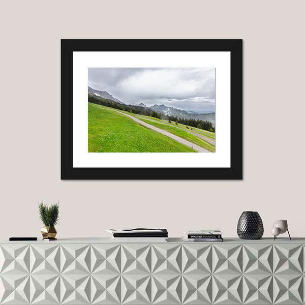 View Of Mountains With Fields And Forest Canvas Wall Art-1 Piece-Framed Print-20" x 16"-Tiaracle