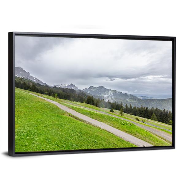 View Of Mountains With Fields And Forest Canvas Wall Art-3 Horizontal-Gallery Wrap-25" x 16"-Tiaracle