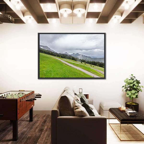 View Of Mountains With Fields And Forest Canvas Wall Art-3 Horizontal-Gallery Wrap-25" x 16"-Tiaracle