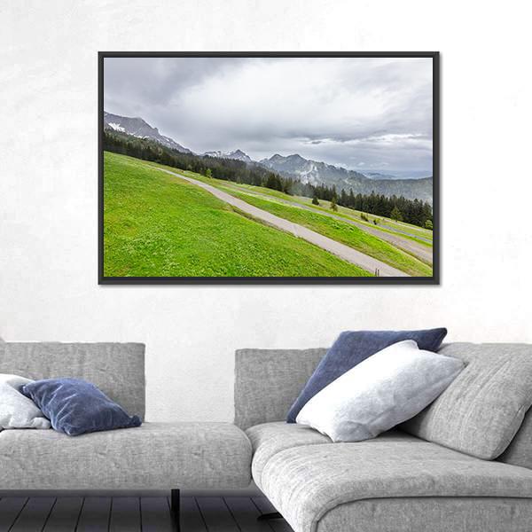 View Of Mountains With Fields And Forest Canvas Wall Art-3 Horizontal-Gallery Wrap-25" x 16"-Tiaracle