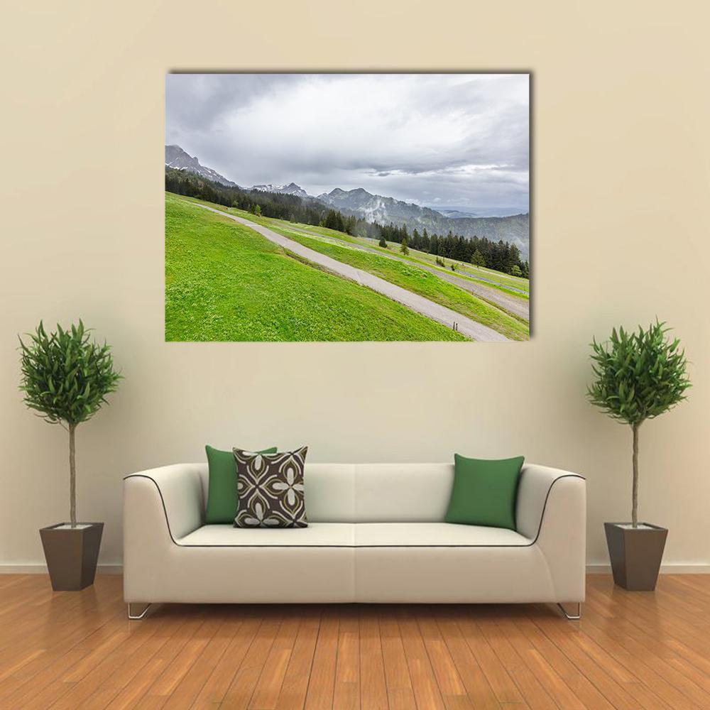 View Of Mountains With Fields And Forest Canvas Wall Art-1 Piece-Gallery Wrap-48" x 32"-Tiaracle