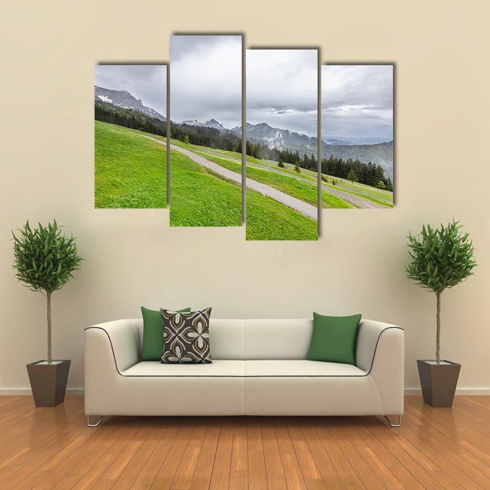 View Of Mountains With Fields And Forest Canvas Wall Art-4 Pop-Gallery Wrap-50" x 32"-Tiaracle