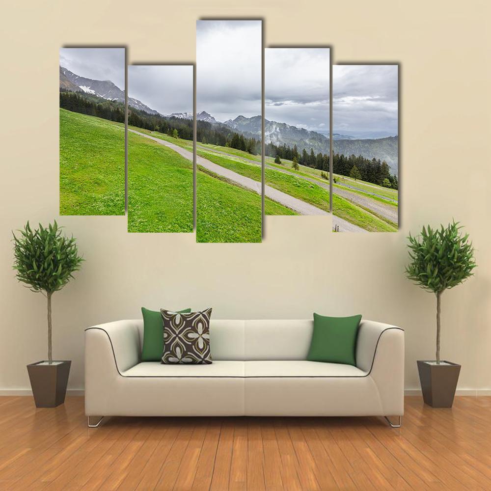 View Of Mountains With Fields And Forest Canvas Wall Art-5 Pop-Gallery Wrap-47" x 32"-Tiaracle