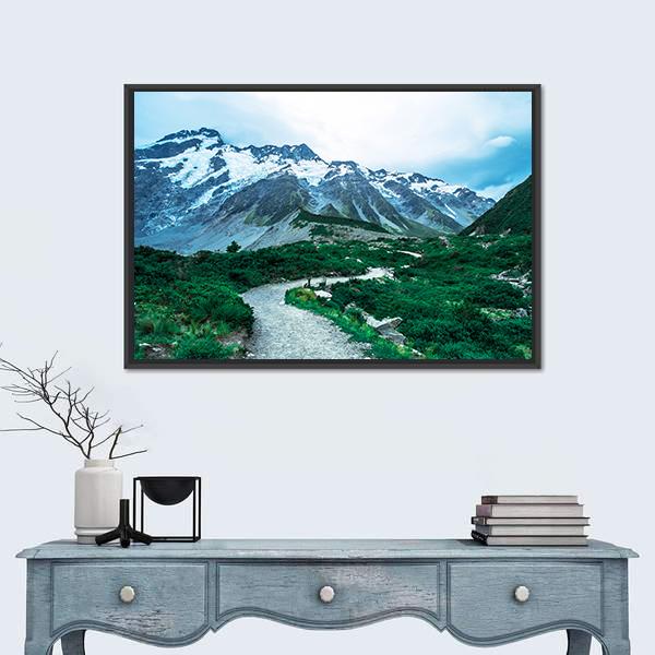 View Of Mt Cook With Stream Flowing Canvas Wall Art-1 Piece-Floating Frame-24" x 16"-Tiaracle