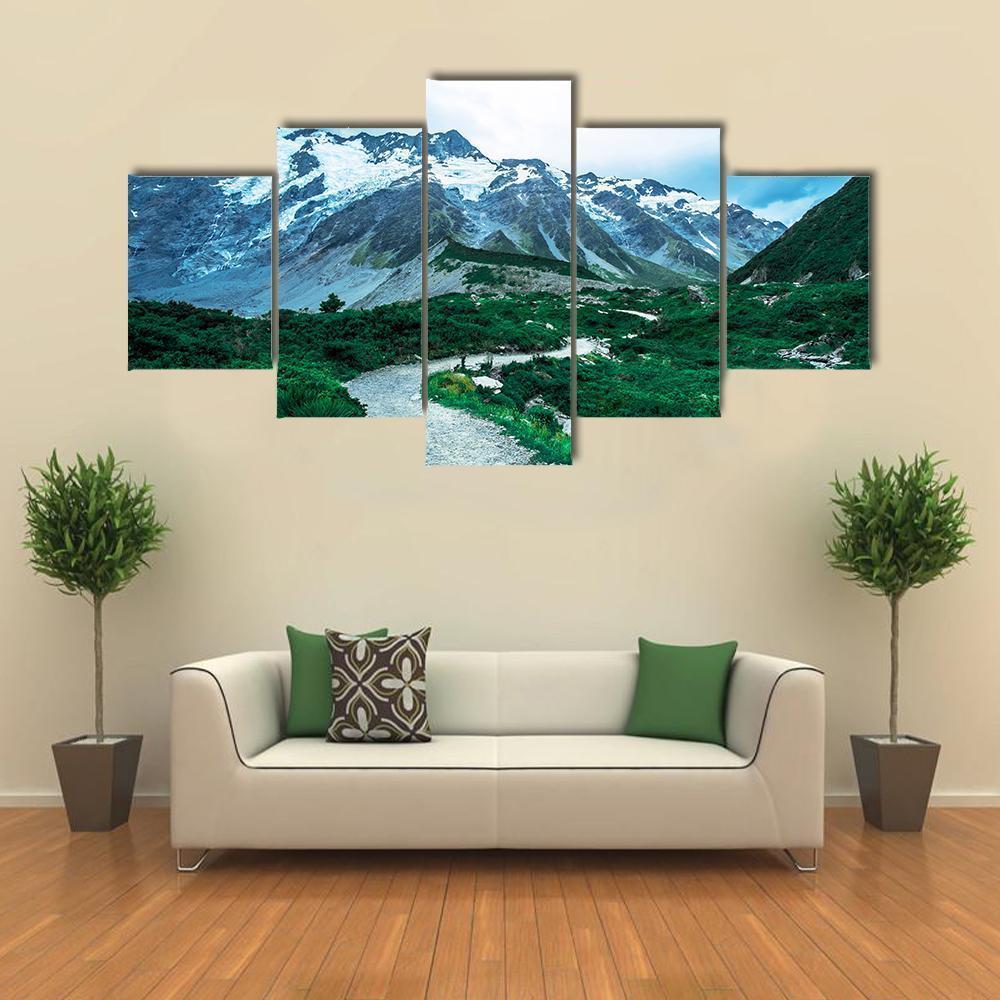 View Of Mt Cook With Stream Flowing Canvas Wall Art-5 Star-Gallery Wrap-62" x 32"-Tiaracle