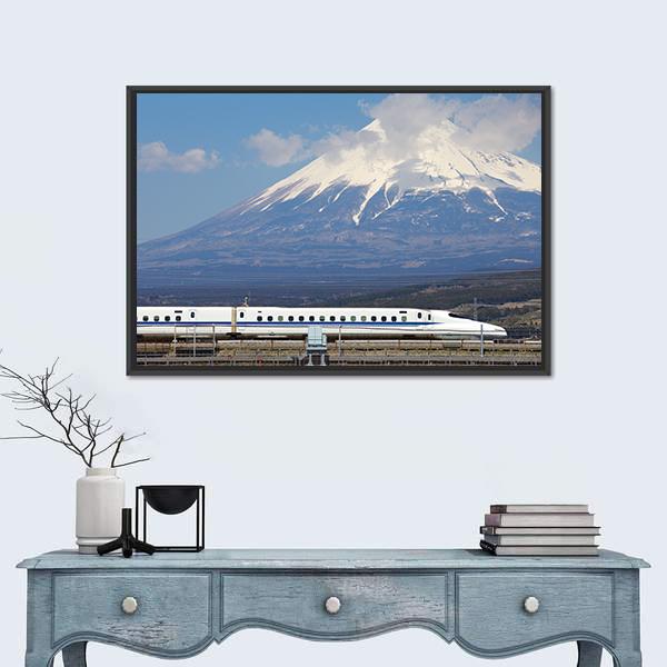 View Of Mt Fuji And Tokaido Shinkansen Canvas Wall Art-1 Piece-Floating Frame-24" x 16"-Tiaracle