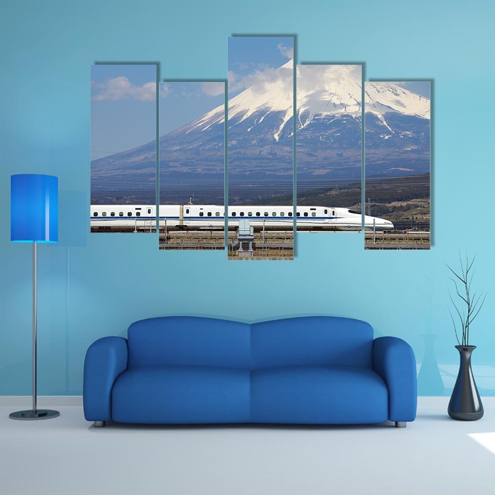 View Of Mt Fuji And Tokaido Shinkansen Canvas Wall Art-5 Pop-Gallery Wrap-47" x 32"-Tiaracle