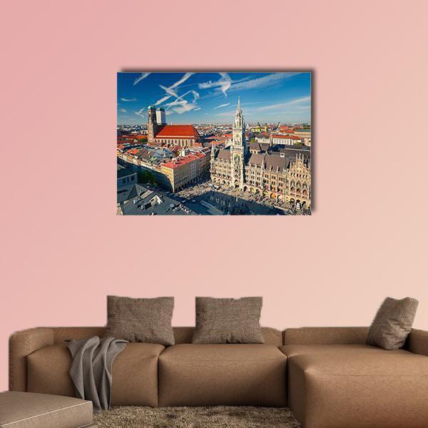 Aerial View of Marienplatz, Munich Canvas Wall Art in gray, orange and blue, single panel hung on a wall