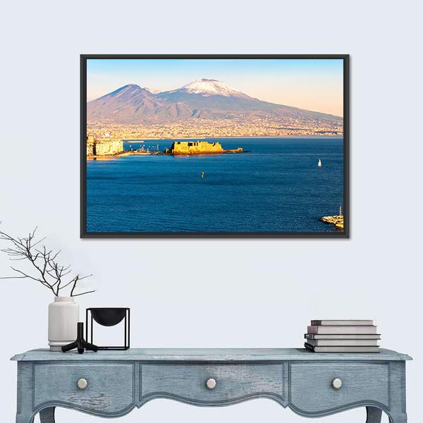 View Of Naples With Vesuvius Volcano Canvas Wall Art-1 Piece-Floating Frame-24" x 16"-Tiaracle