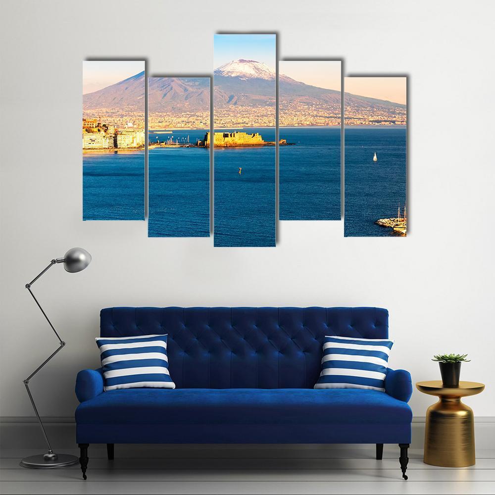 View Of Naples With Vesuvius Volcano Canvas Wall Art-5 Pop-Gallery Wrap-47" x 32"-Tiaracle