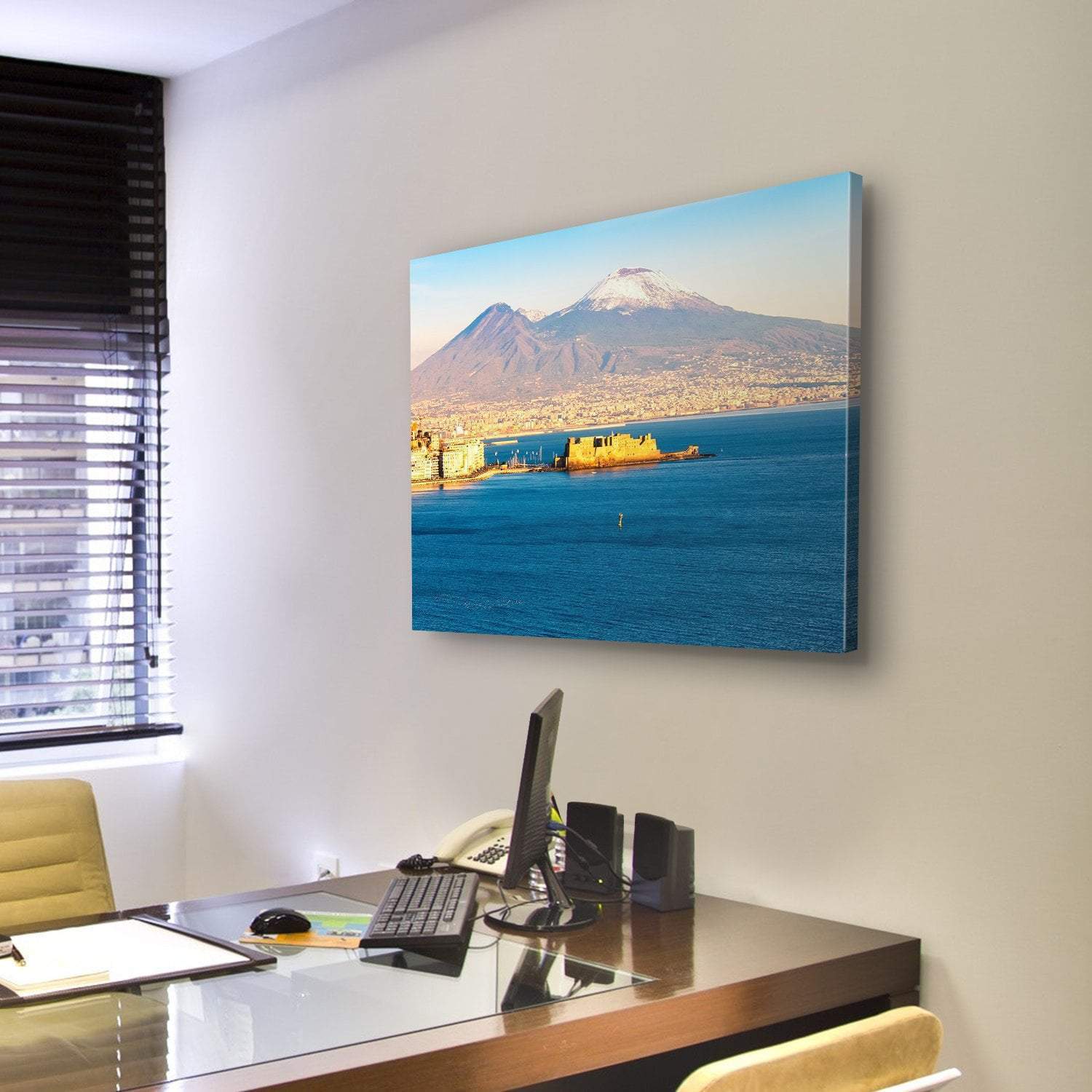 View Of Naples With Vesuvius Volcano Canvas Wall Art-3 Horizontal-Gallery Wrap-25" x 16"-Tiaracle