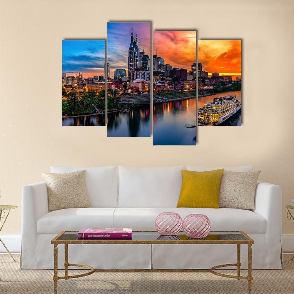 Nashville Skyline &amp; Sunset Canvas Wall Art-4 Pop-Gallery Wrap-50&quot; x 32&quot;-Tiaracle