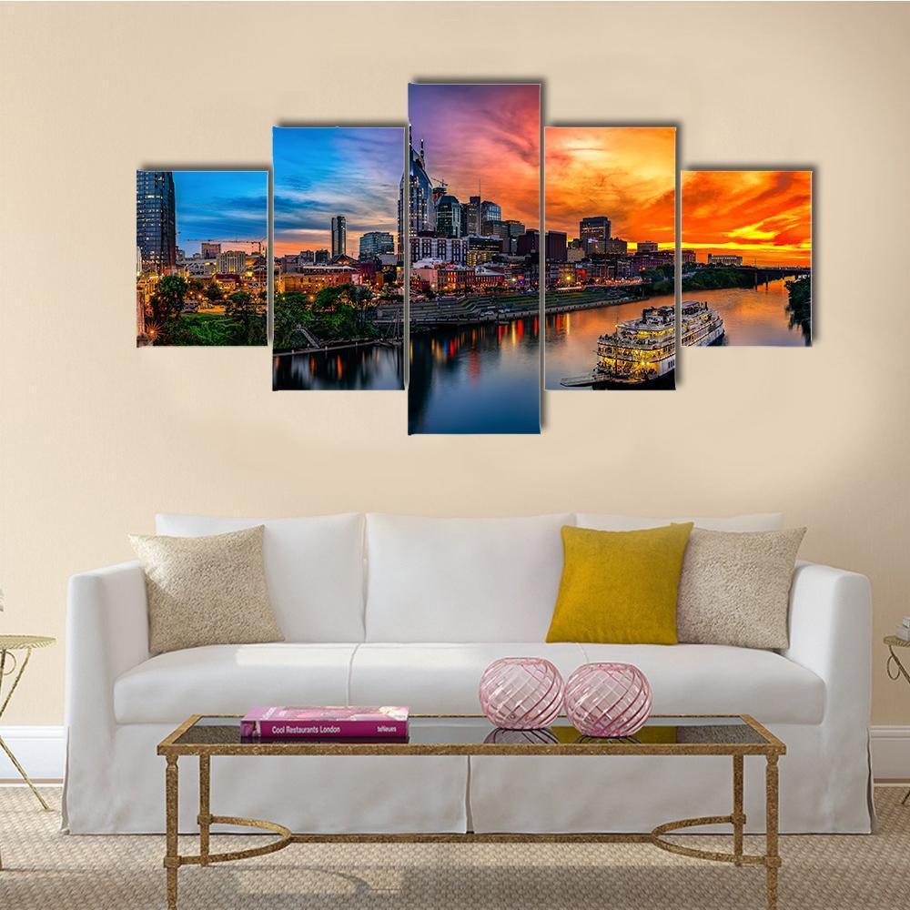 Nashville Skyline & Sunset Canvas Wall Art-5 Star-Gallery Wrap-62" x 32"-Tiaracle