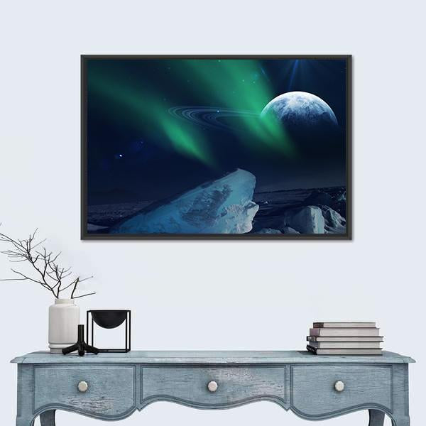 View of Neptune from Triton Canvas Wall Art in black, green and blue, framed canvas, product view on a white background