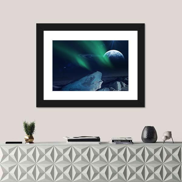View of Neptune from Triton Canvas Wall Art in black, green and blue, framed print, product view on a white background