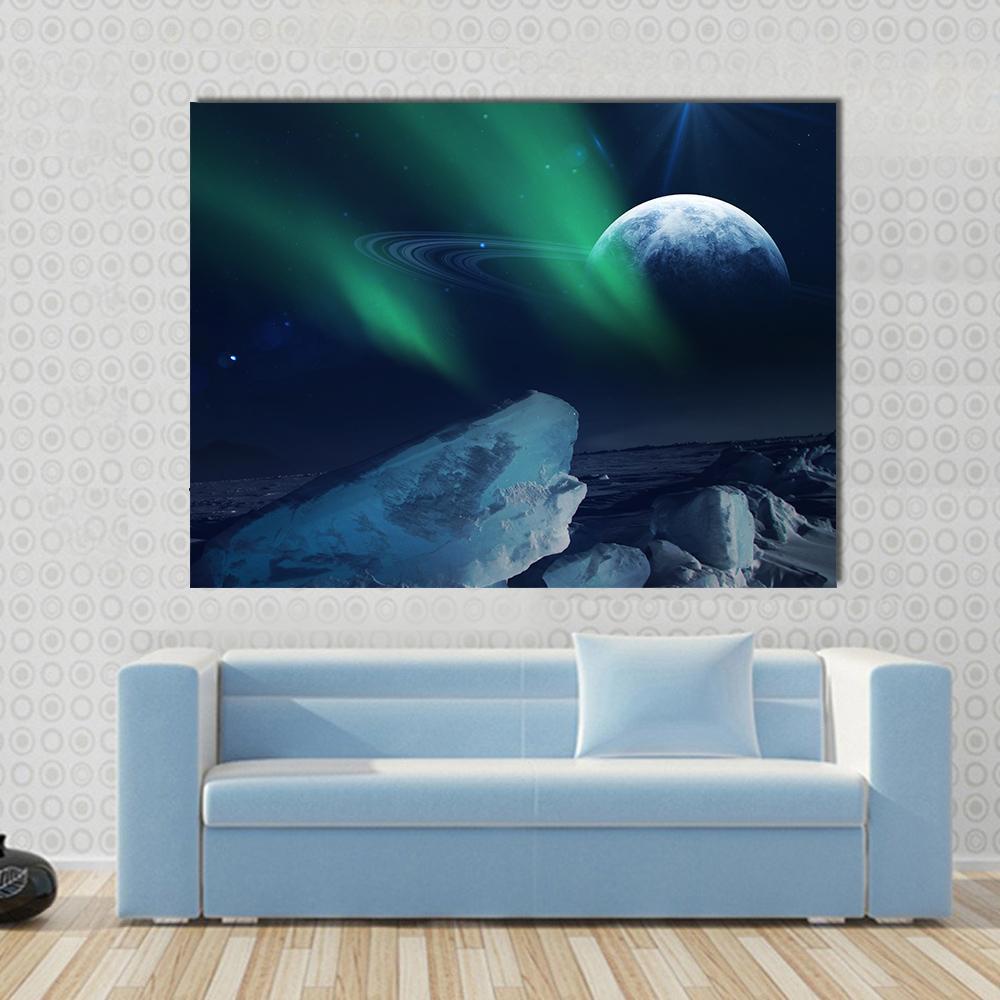 View of Neptune from Triton Canvas Wall Art in black, green and blue, single panel hung on a wall