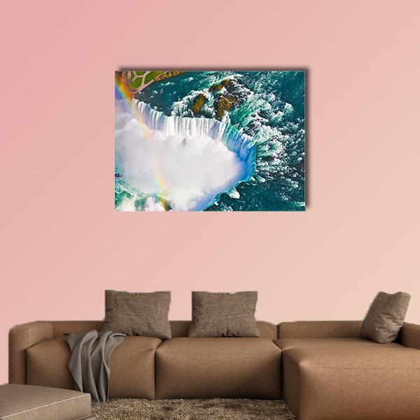 Horseshoe Aerial View of Niagara Falls Canvas Wall Art in white, green and blue, single panel hung on a wall