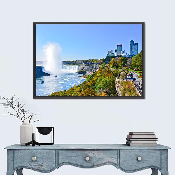 View Of Niagara Falls In Autumn Canvas Wall Art-1 Piece-Floating Frame-24" x 16"-Tiaracle