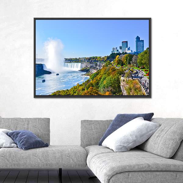 View Of Niagara Falls In Autumn Canvas Wall Art-3 Horizontal-Gallery Wrap-25" x 16"-Tiaracle