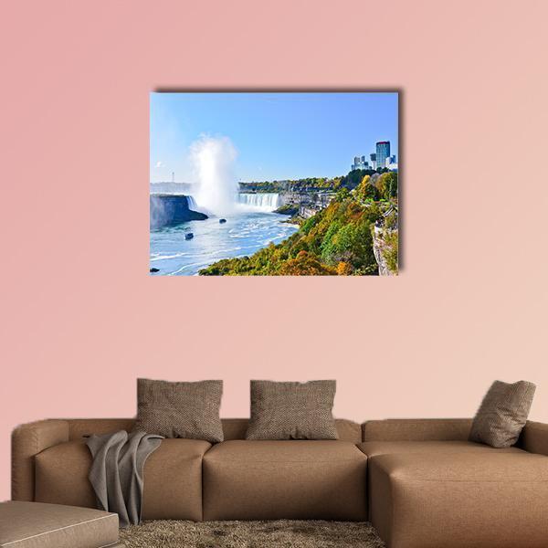 Autumn View of Niagara Falls Canvas Wall Art in white, green and blue, single panel hung on a wall