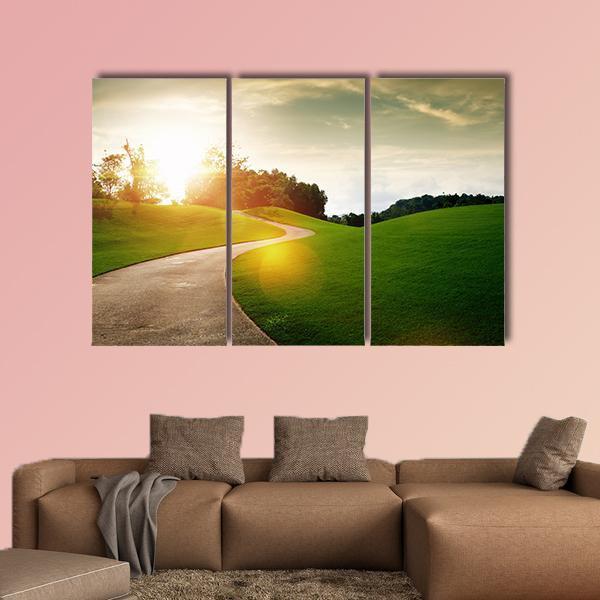 View Of Nice Green Hill And Path During Sunset Canvas Wall Art-3 Horizontal-Gallery Wrap-37" x 24"-Tiaracle