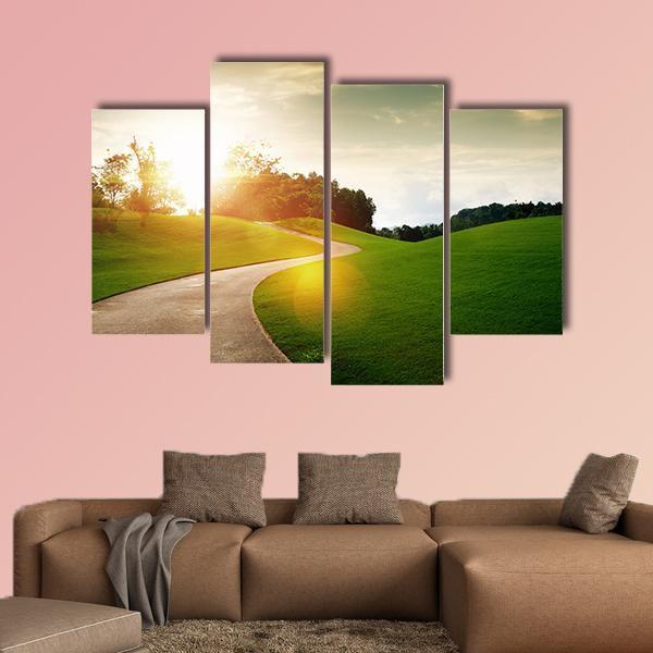View Of Nice Green Hill And Path During Sunset Canvas Wall Art-4 Pop-Gallery Wrap-50" x 32"-Tiaracle
