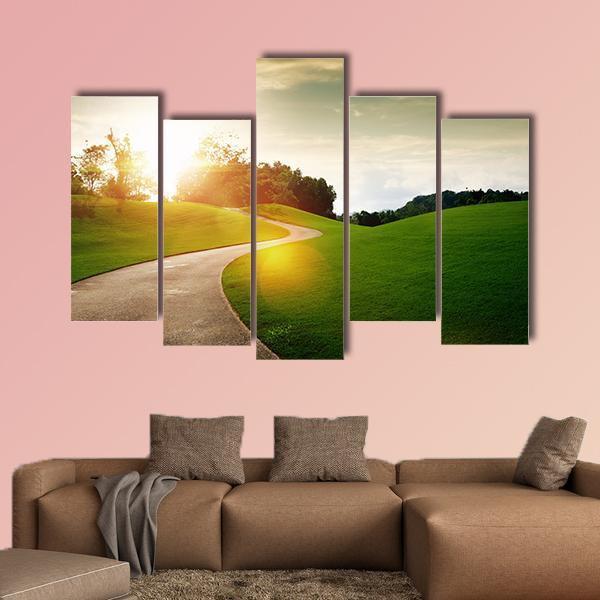 View Of Nice Green Hill And Path During Sunset Canvas Wall Art-5 Pop-Gallery Wrap-47&quot; x 32&quot;-Tiaracle