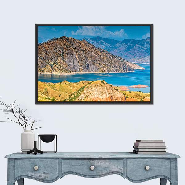 View Of Nurek Reservoir In Tajikistan Canvas Wall Art-1 Piece-Floating Frame-24" x 16"-Tiaracle