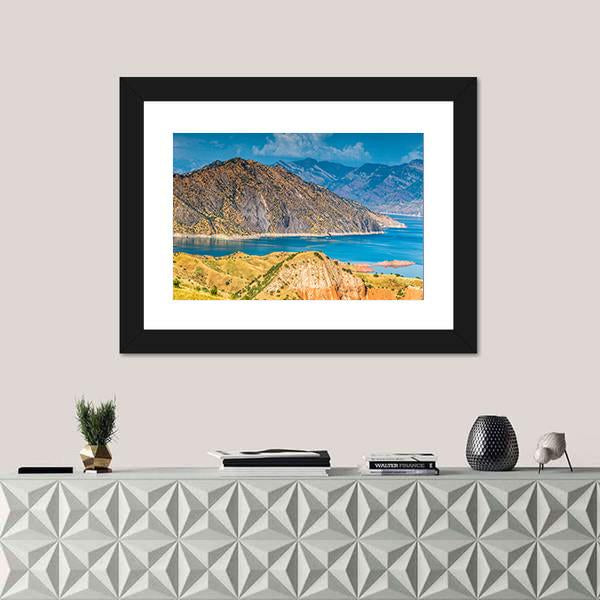 View Of Nurek Reservoir In Tajikistan Canvas Wall Art-1 Piece-Framed Print-20" x 16"-Tiaracle