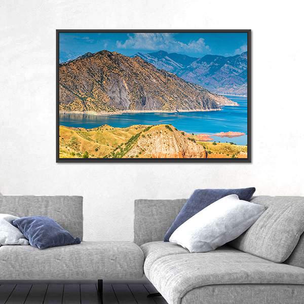 View Of Nurek Reservoir In Tajikistan Canvas Wall Art-3 Horizontal-Gallery Wrap-25" x 16"-Tiaracle