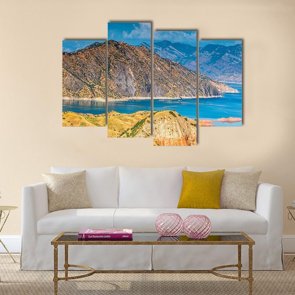 View Of Nurek Reservoir In Tajikistan Canvas Wall Art-4 Pop-Gallery Wrap-50" x 32"-Tiaracle
